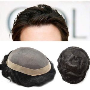 Mens Toupee Hairpiece Poly Coating Around Human Hair (8"*10, 1B# OFF BLACK)